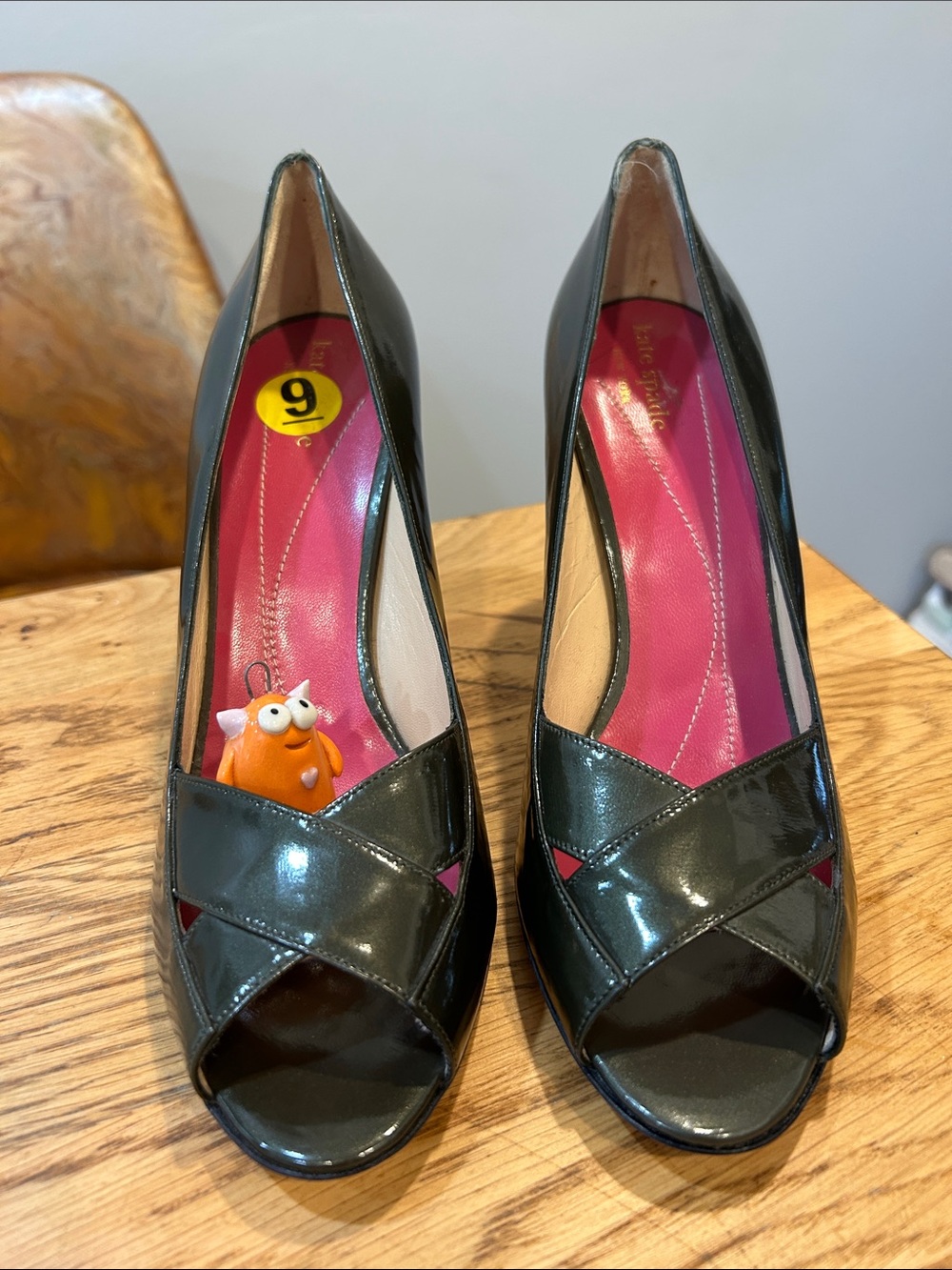 kate spade Green Patent Peep-Toe Pumps, Pink Insole.  Weirdo guy not included.